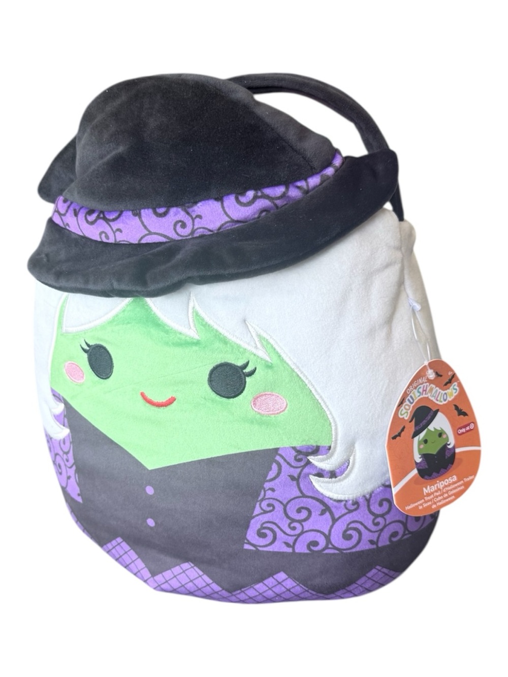 Squishmallows Mariposa Witch Plush Halloween bucket— Black, Purple, Green